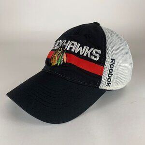 Chicago Blackhawks Black White Reebok Center Ice Stretch Fitted Hat Mens L/XL